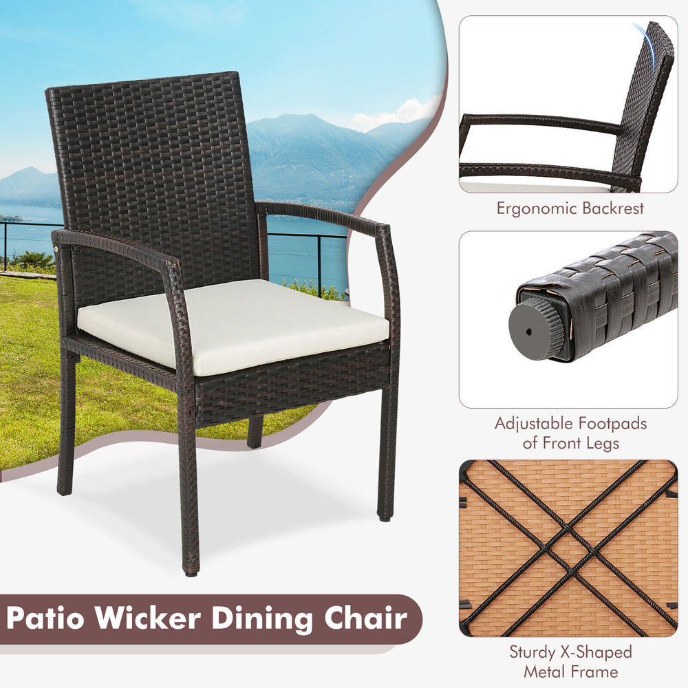 Patio wicker dining chair with soft cushion, ergonomic backrest, and adjustable footpads for outdoor comfort.