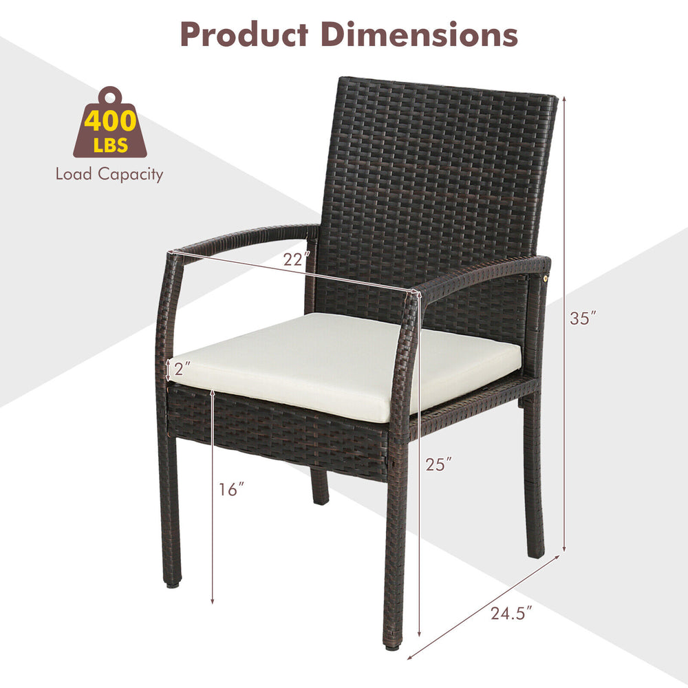 Cushioned dining chair dimensions with PE rattan, ergonomic design, and 400 lbs load capacity for patio use.