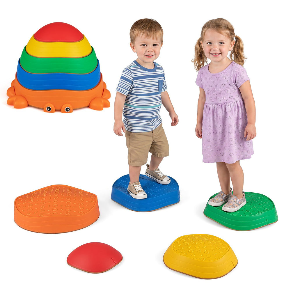 Colorful 5-piece stepping stones with crab design enhance balance and fine motor skills for kids aged 3 and up.