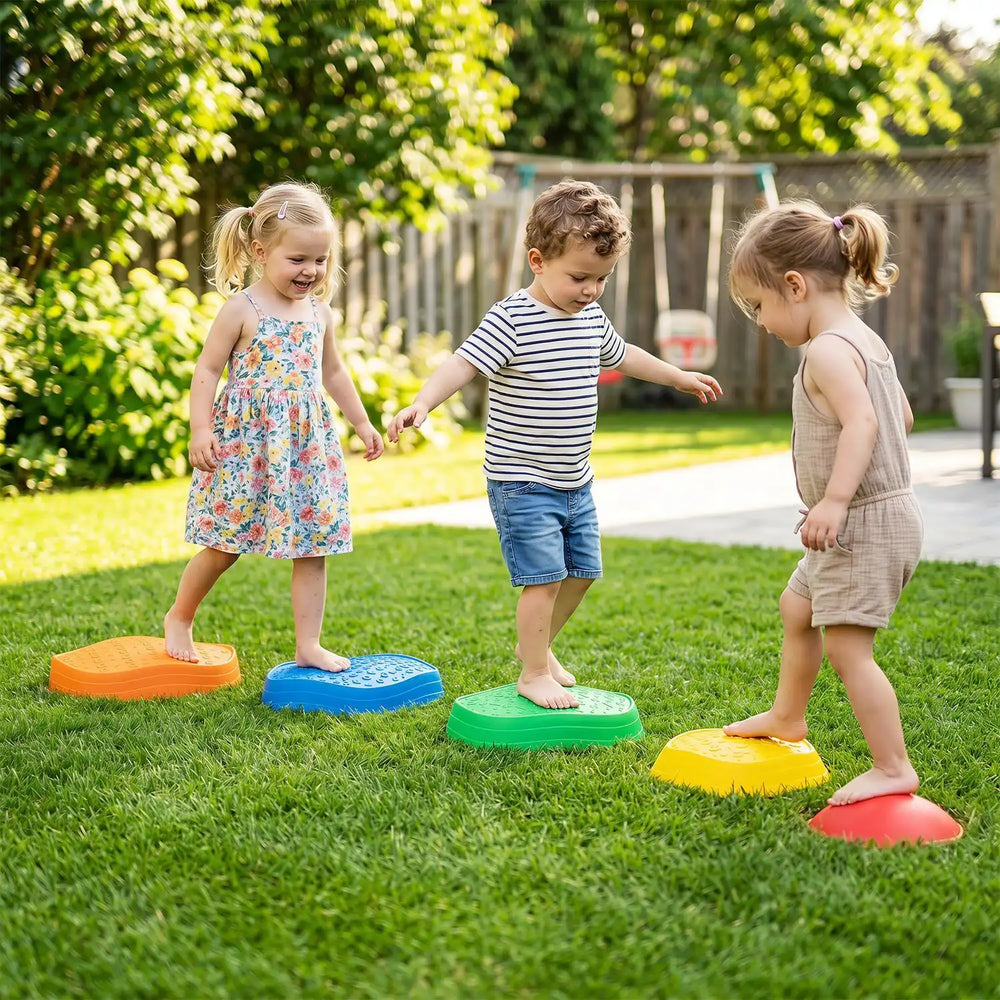 Colorful 5-piece stepping stones for kids feature crab designs, promoting balance and fine motor skills during outdoor play.