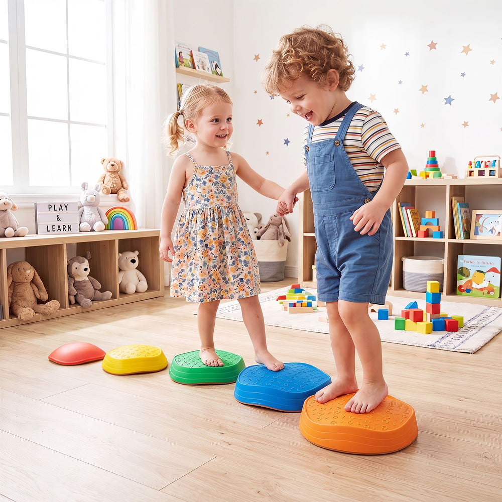 Colorful 5-piece stepping stones with crab designs enhance balance and fine motor skills for kids during active play.