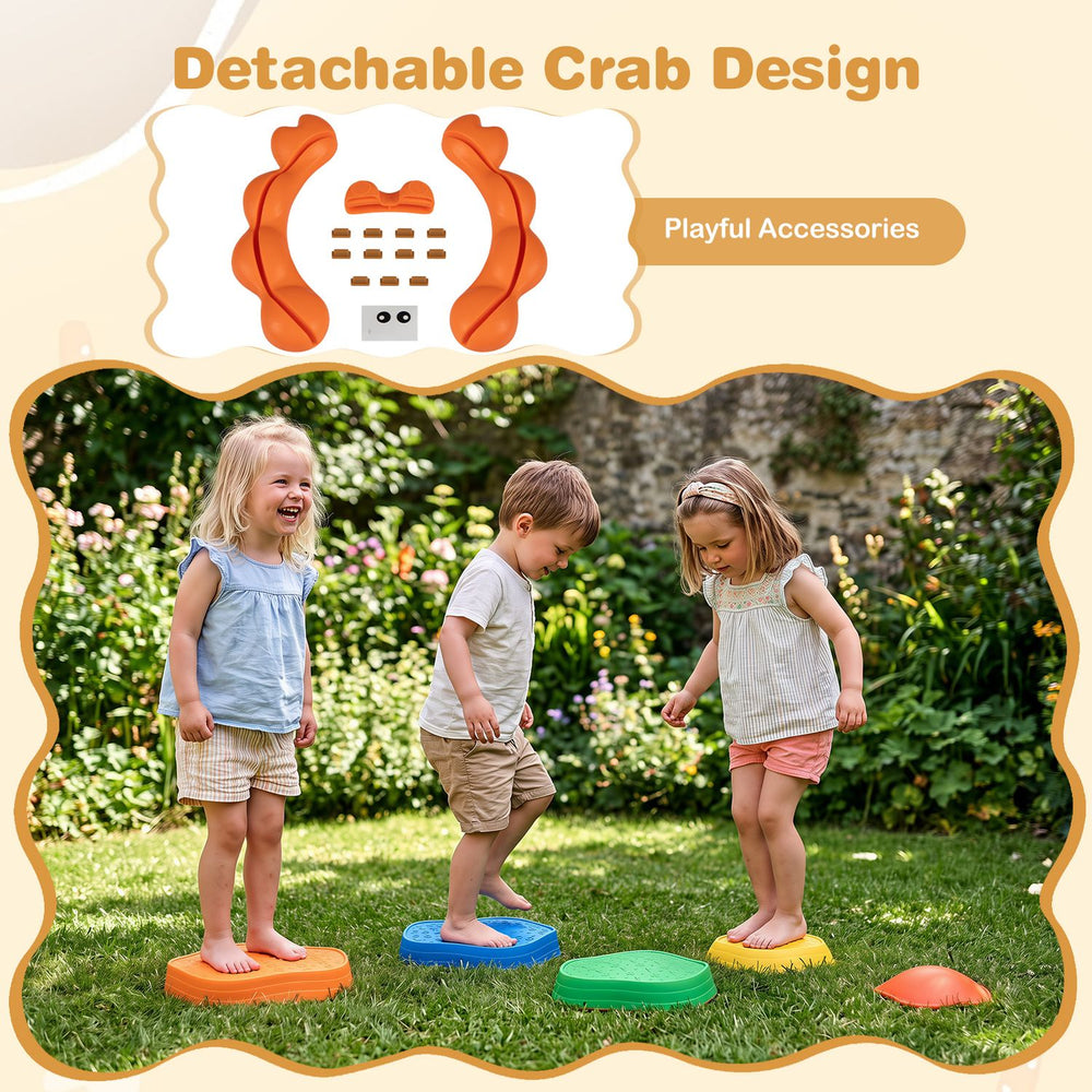 Colorful 5-piece stepping stones with cute crab designs promote balance and fine motor skills for kids aged 3 and up.