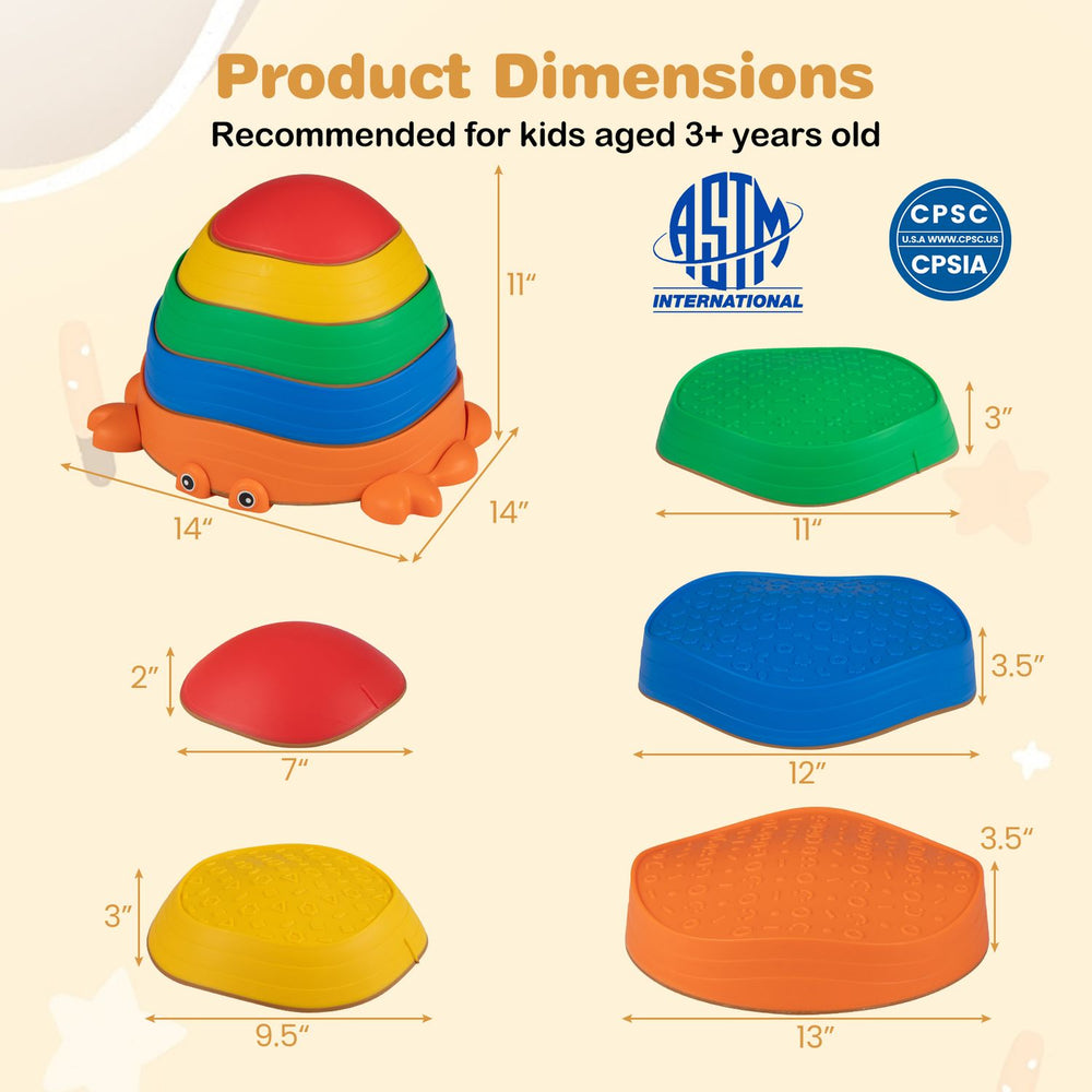 Colorful 5-piece stepping stones with crab design, promoting balance and motor skills for kids aged 3 and up.
