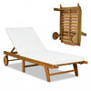 Acacia wood lounge chair with a thick cushion, 5-position backrest, and built-in wheels for easy mobility in outdoor.