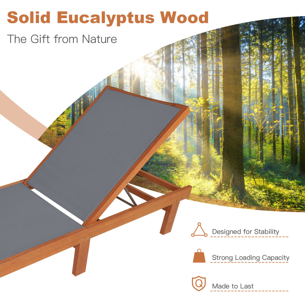 Adjustable outdoor chaise lounge chair made of solid eucalyptus wood, perfect for patio relaxation and sunbathing.