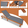 Adjustable outdoor chaise lounge chair in solid eucalyptus wood with breathable fabric, perfect for patio relaxation.