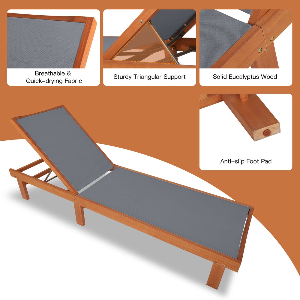 Adjustable outdoor chaise lounge chair in solid eucalyptus wood with breathable fabric, perfect for patio relaxation.