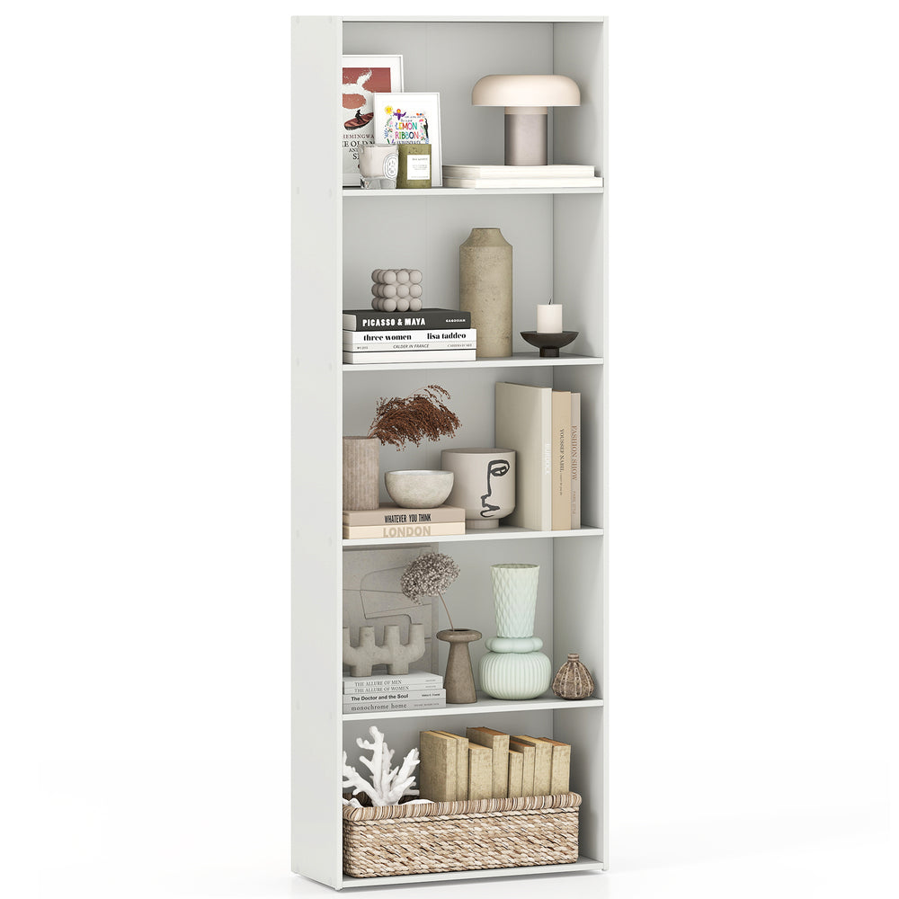 5-shelf white storage bookcase with decorative items, ideal for modern living rooms and versatile display needs.