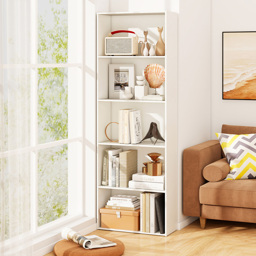 5-shelf white storage bookcase displaying books and decor, featuring a modern design for versatile home or office use.