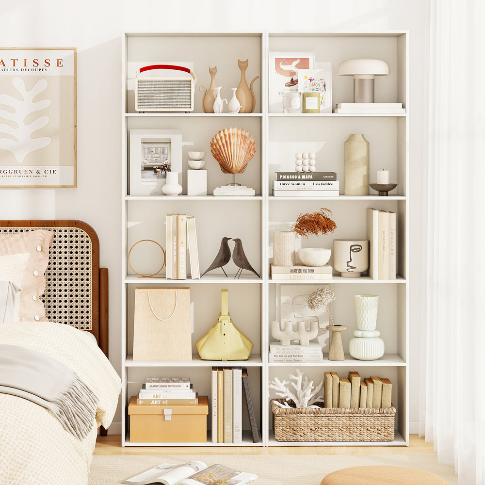 5-shelf white storage bookcase showcasing decorative items and books, ideal for modern living rooms and bedrooms.