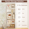 5-tier white bookcase with decorative items, supporting 45 lbs per shelf, ideal for modern living rooms and offices.