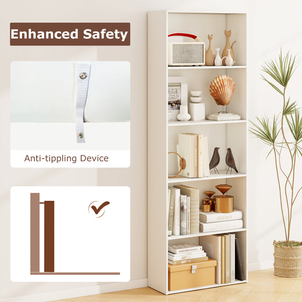 5-shelf white storage bookcase with anti-tipping device, ideal for books and decor in modern living spaces.