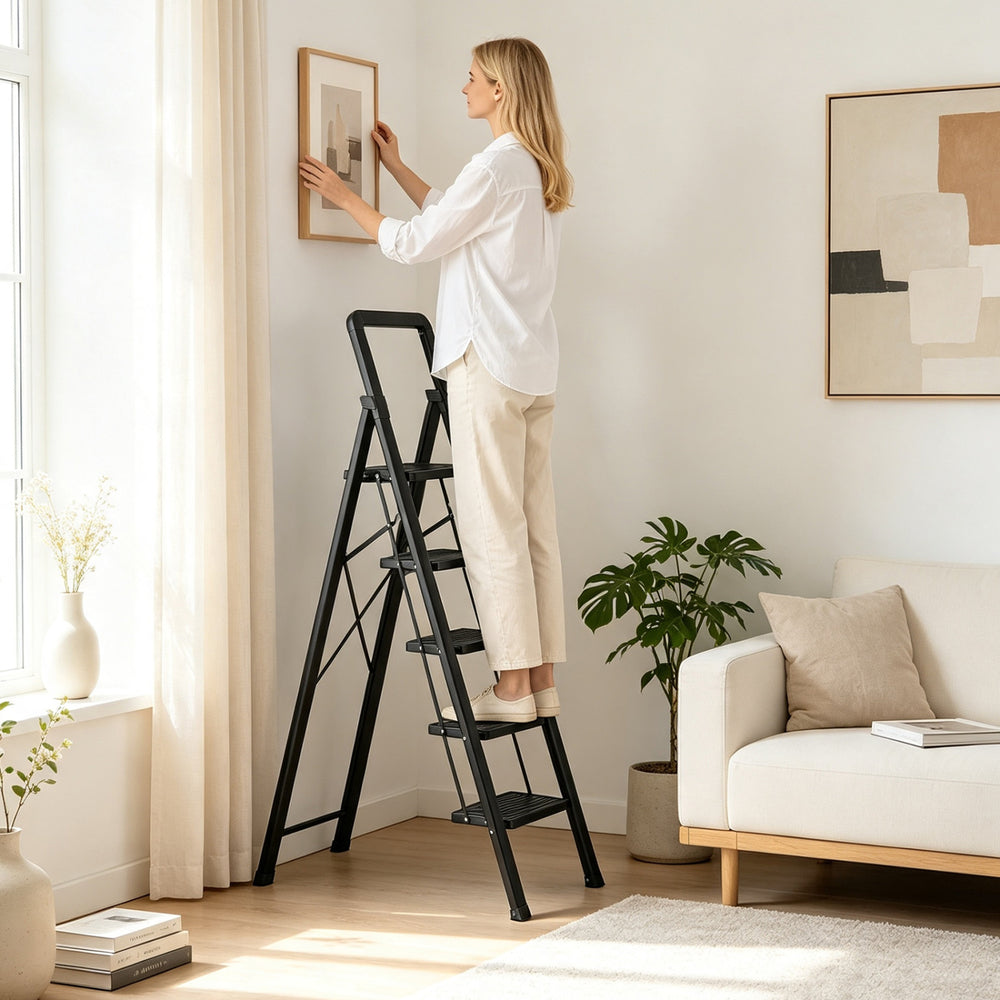 5 Step Black Folding Step Stool with Wide Anti-slip Pedals - Gallery View 1 of 9