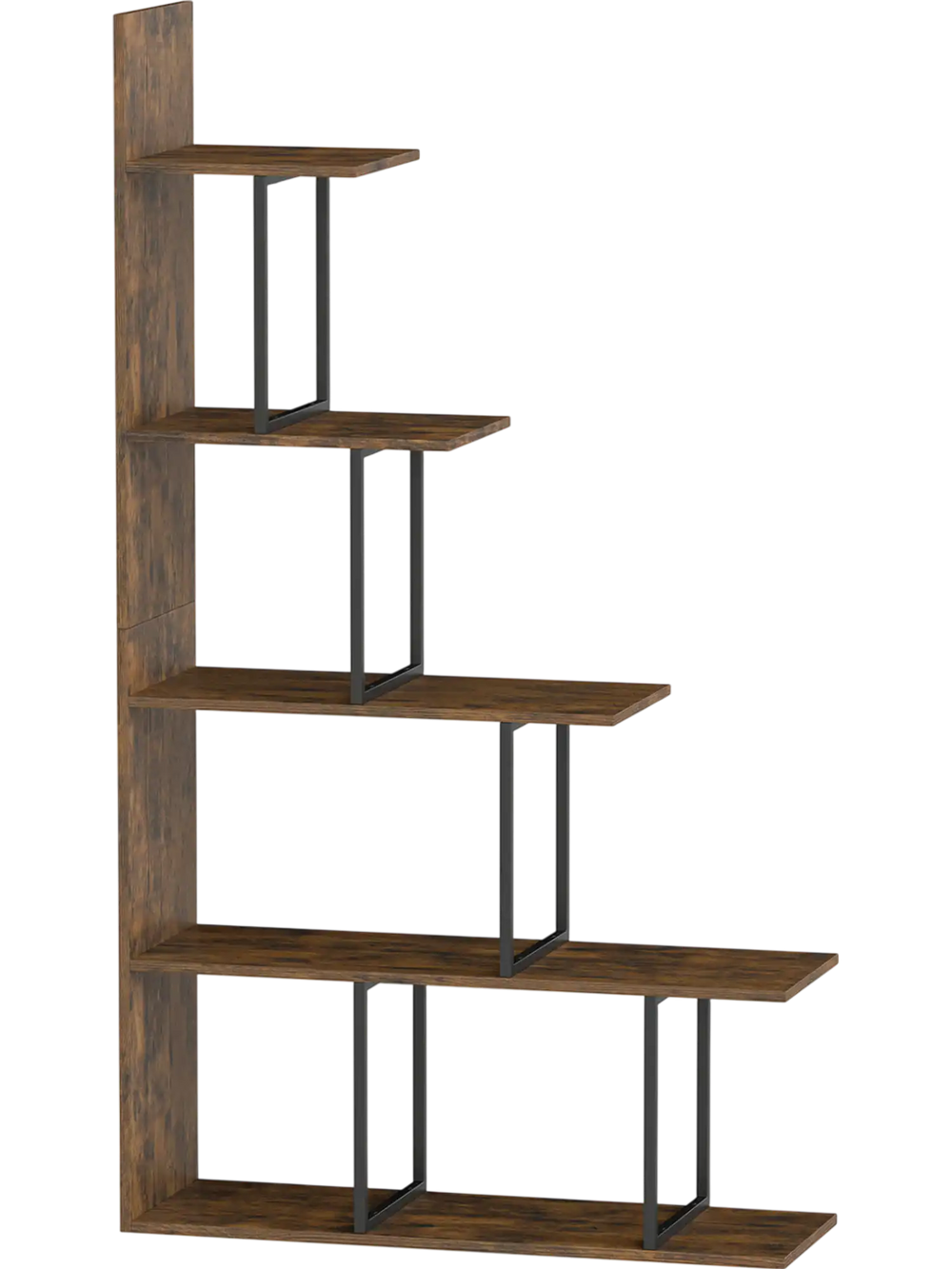 Stepped 5-tier bookshelf in rustic brown with heavy-duty metal frame, ideal for organizing items in any room.