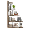 Stepped 5-tier bookshelf in rustic brown with a heavy-duty metal frame, ideal for organizing items in any room.