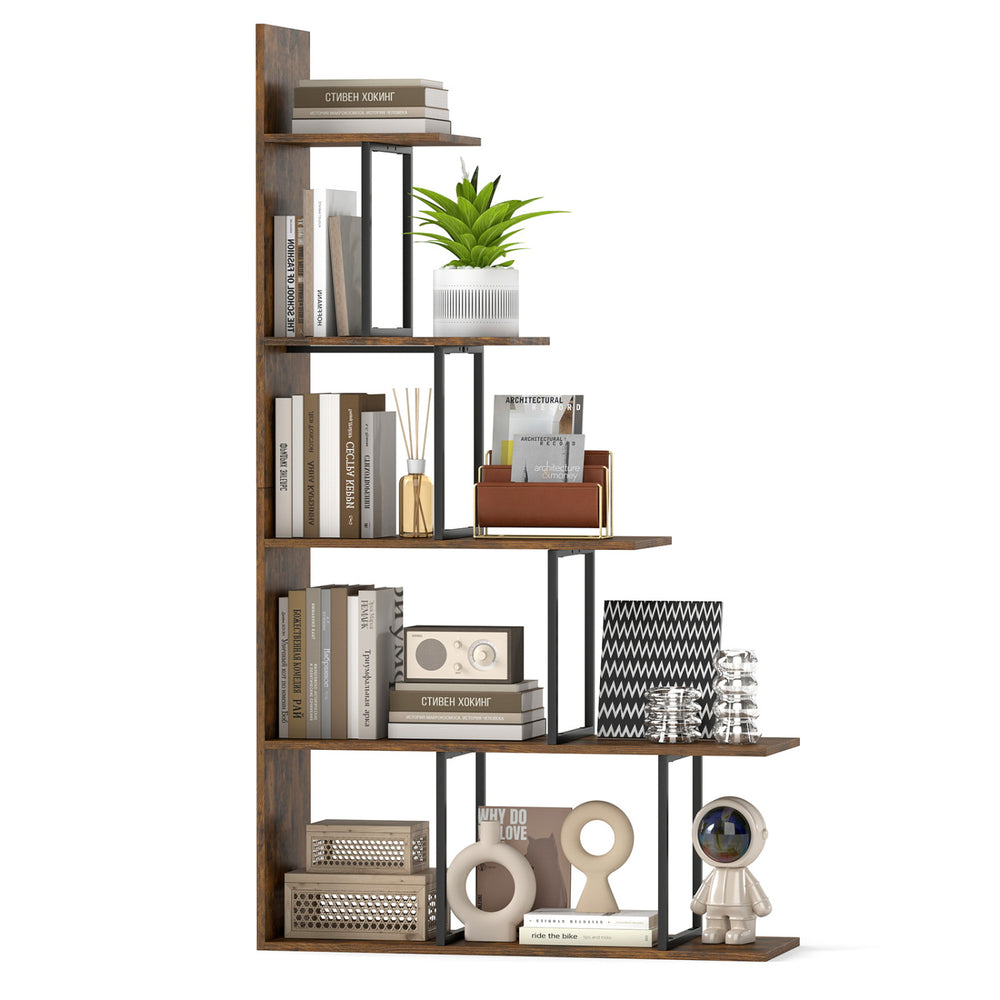 Stepped 5-tier bookshelf in rustic brown with a heavy-duty metal frame, ideal for organizing items in any room.