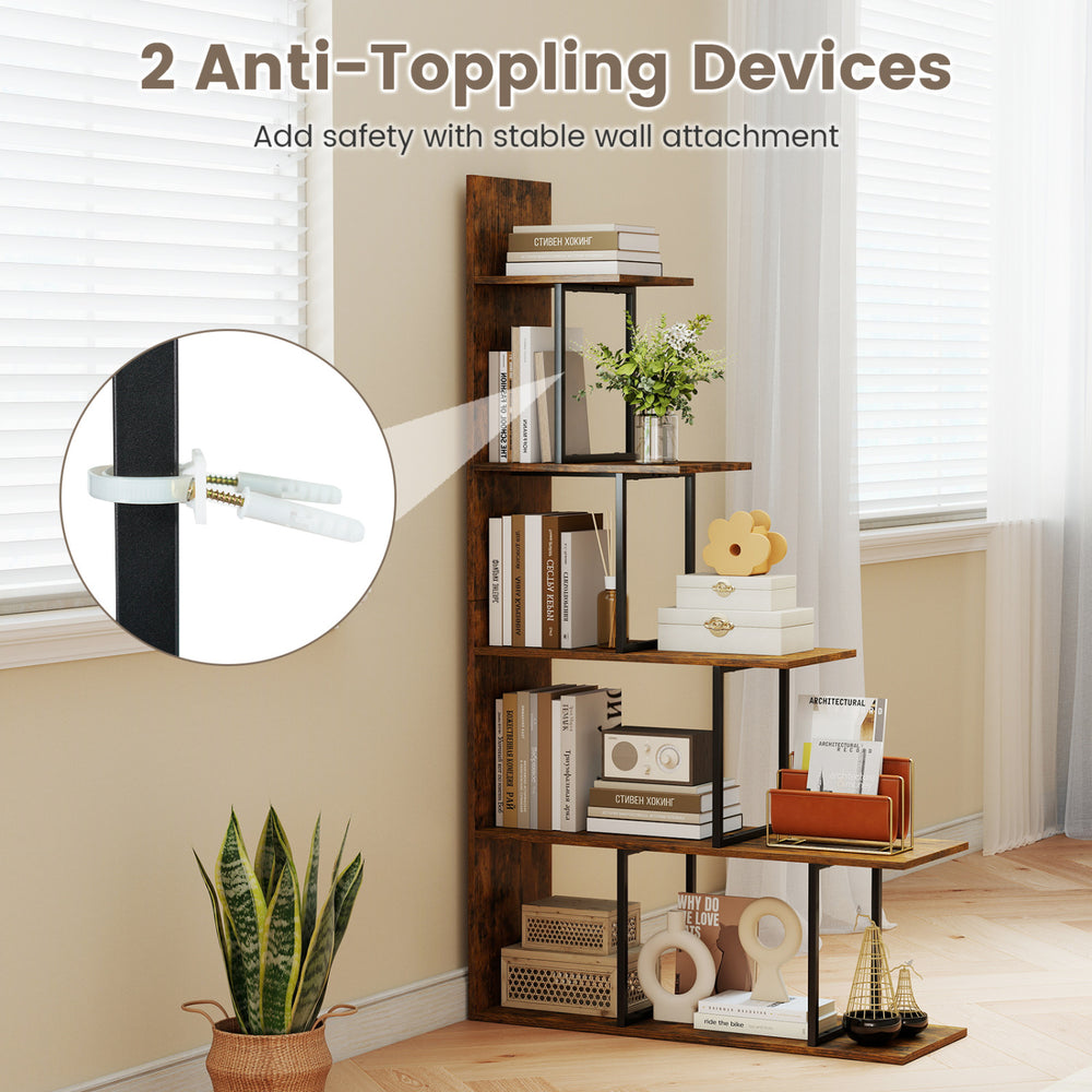 5-tier 62-inch tall stepped bookshelf in rustic brown with heavy-duty metal frame and anti-tipping devices for safety.