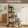 5-tier 62-inch tall stepped bookshelf in rustic brown with a heavy-duty metal frame, ideal for home office or living room.