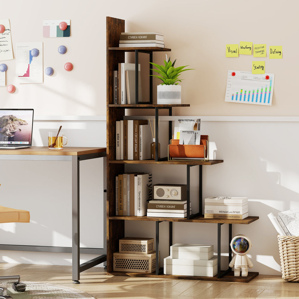 Stepped 5-tier bookshelf in rustic brown with a heavy-duty metal frame, ideal for home office or living room organization.