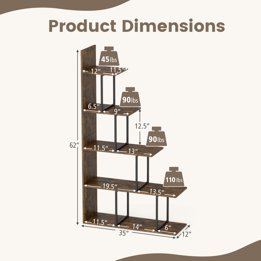 Dimensions of the 5-tier 62-inch tall rustic brown bookshelf with heavy-duty metal frame for home organization.
