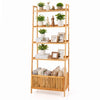 5-tier bamboo ladder shelf featuring 4 display shelves and 1 open storage basket for versatile home organization.