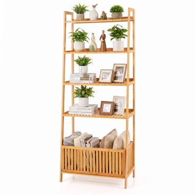 Costway 5-Tier Bamboo Ladder Bookcase Shelf w/ Storage Basket 27354944 New