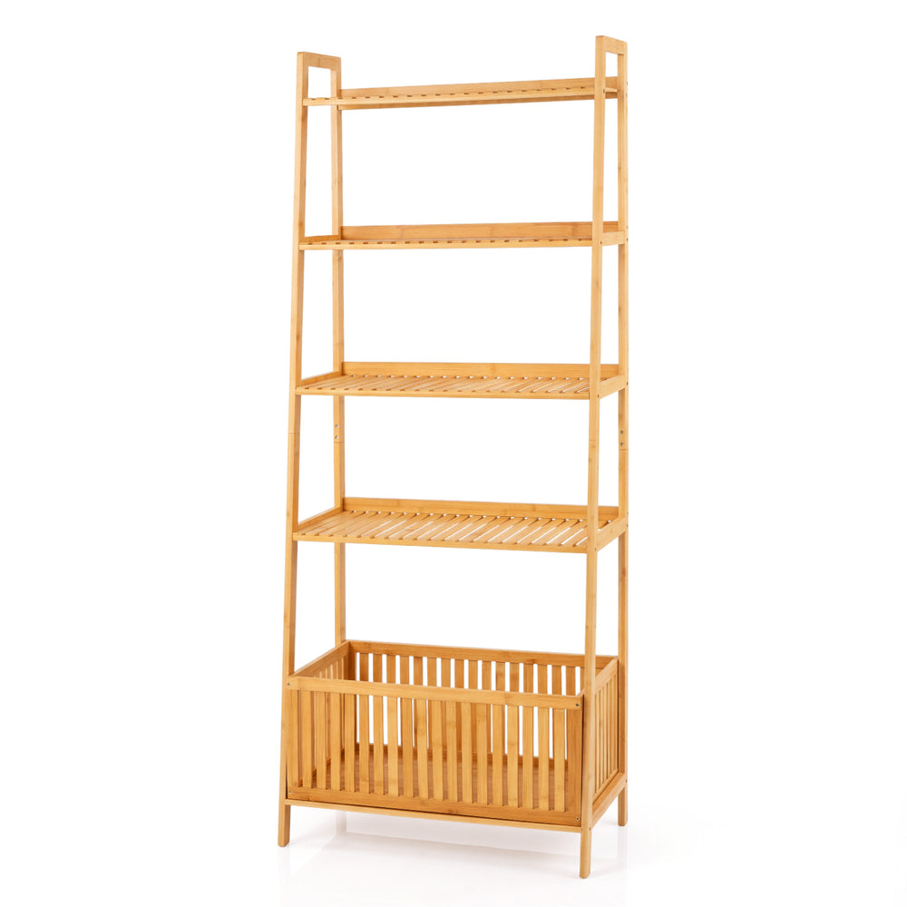 5-tier bamboo ladder shelf with a sturdy frame, featuring 4 slatted display shelves and a stylish open storage basket.