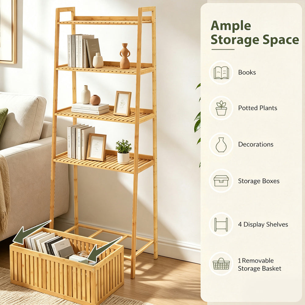 Bamboo ladder shelf with slatted design, 4 display shelves, and a removable basket for stylish home organization.