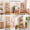5-tier bamboo ladder shelf with 4 display shelves and 1 storage basket, ideal for versatile use in living room or balcony.