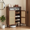 Bamboo shoe cabinet with woven rattan doors features three shelves for ample storage, ideal for entryway organization.