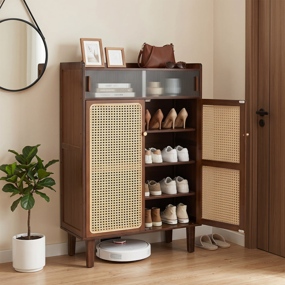 Bamboo shoe cabinet with woven rattan doors features three shelves for ample storage, ideal for entryway organization.