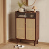 Bamboo shoe cabinet with woven rattan doors, featuring sliding doors and ample storage for entryway organization.