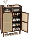 Top view of the 5-tier bamboo shoe cabinet with woven rattan doors, showcasing ample shoe storage and a stylish walnut finish.
