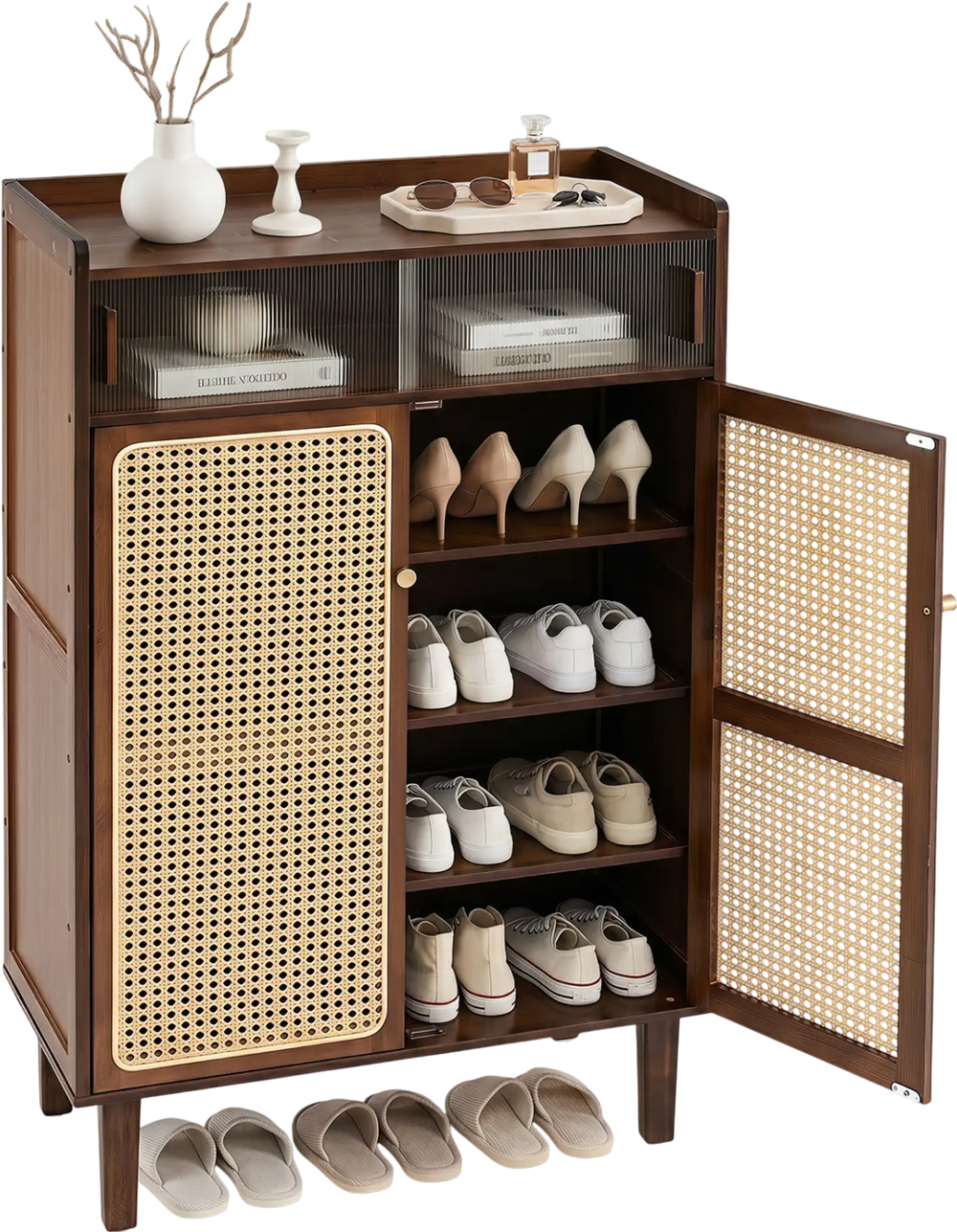 Top view of the 5-tier bamboo shoe cabinet with woven rattan doors, showcasing ample shoe storage and a stylish walnut finish.