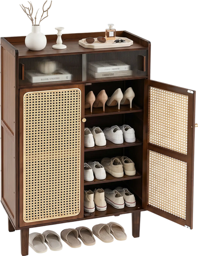 Costway 5-Tier Bamboo Shoe Cabinet Woven Rattan Sliding Doors 18015334 New