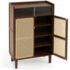 Walnut bamboo shoe cabinet featuring woven rattan doors, three fixed shelves, and sliding doors for stylish entryway storage.