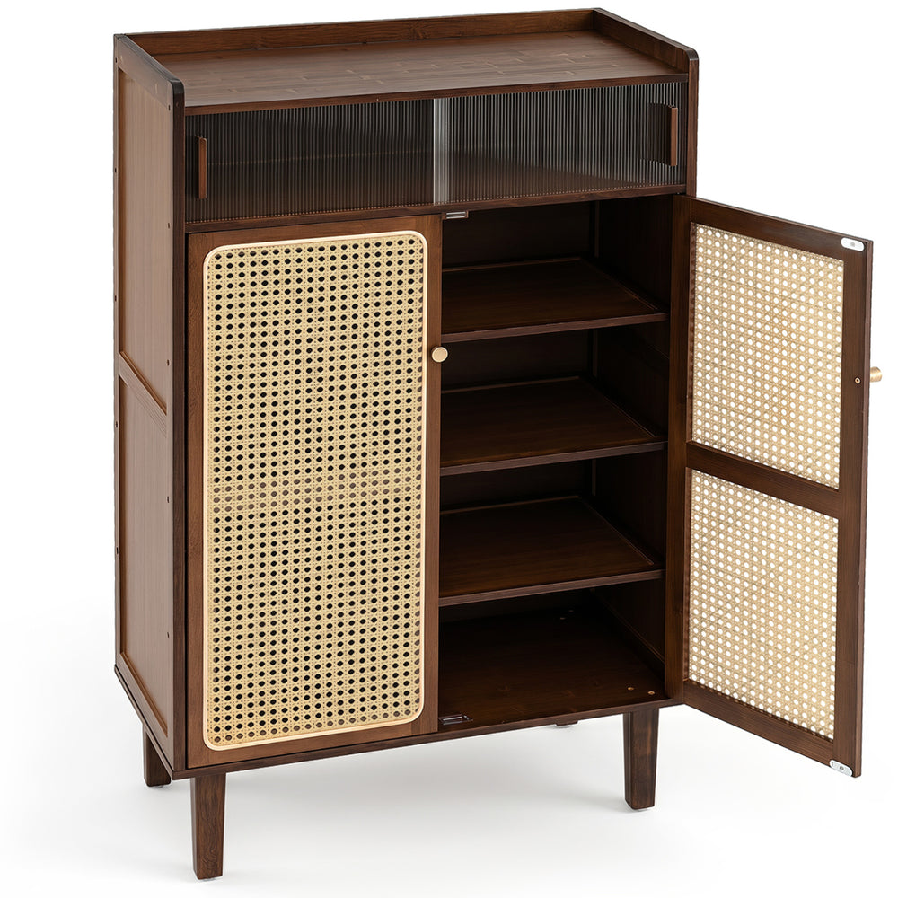 Walnut bamboo shoe cabinet featuring woven rattan doors, three fixed shelves, and sliding doors for stylish entryway storage.