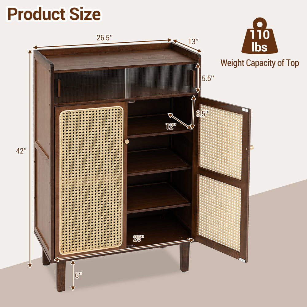 5-tier bamboo shoe cabinet with woven rattan doors, featuring ample storage and sliding doors for easy access in walnut finish.