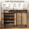 5-tier bamboo shoe cabinet with woven rattan doors offers ample storage for sneakers, high heels, and boots in walnut finish.