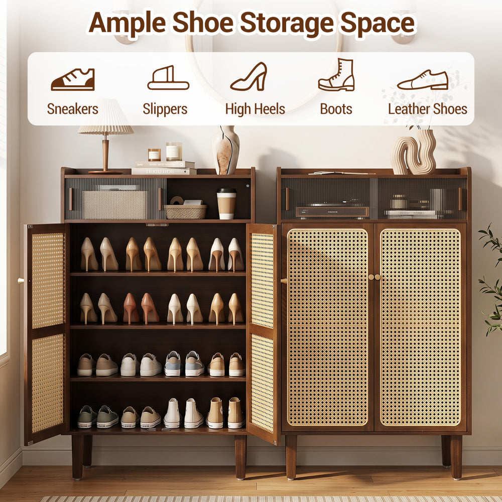 5-tier bamboo shoe cabinet with woven rattan doors offers ample storage for sneakers, high heels, and boots in walnut finish.