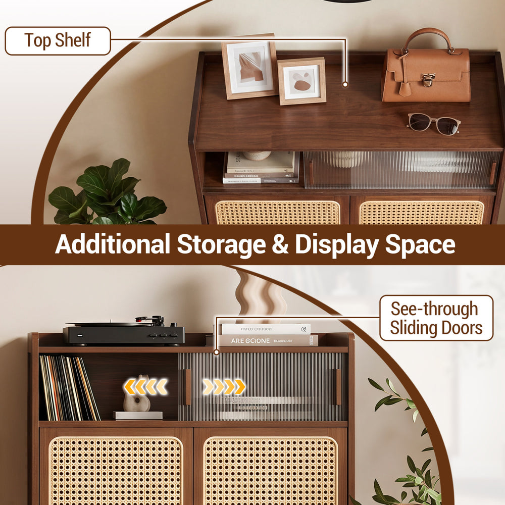 5-tier bamboo shoe cabinet with woven rattan sliding doors and top shelf, perfect for stylish entryway storage.