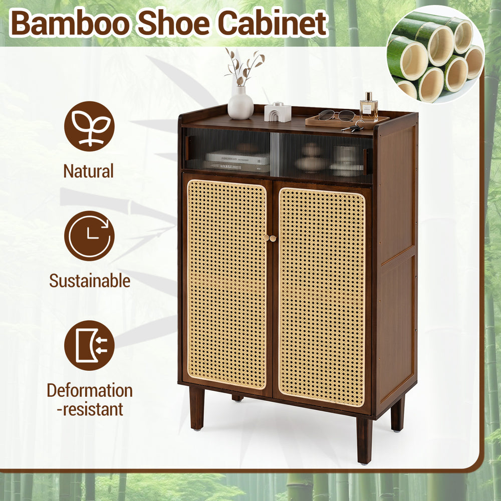 5-tier bamboo shoe cabinet with woven rattan doors, sliding access, and ample storage for entryway organization.
