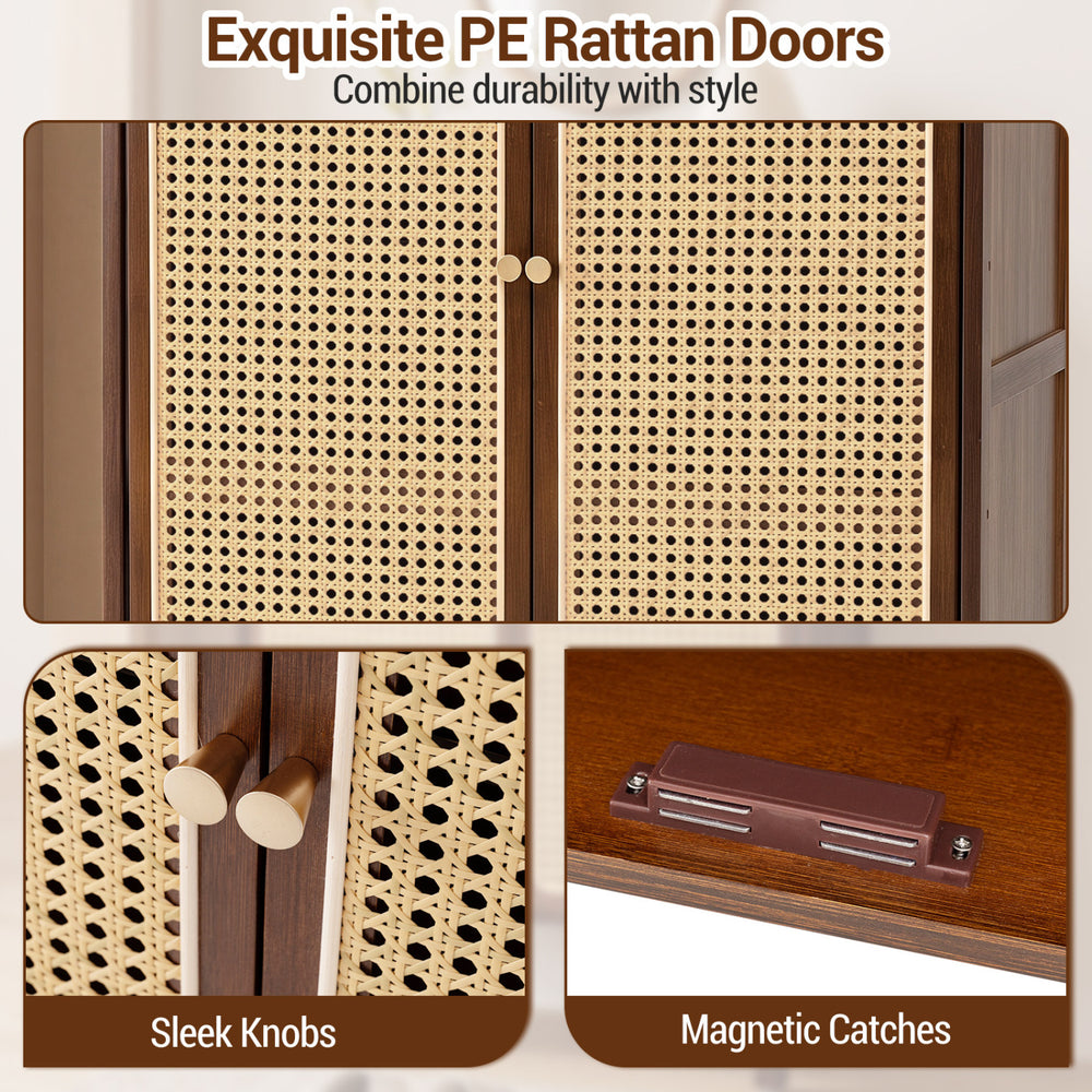 Bamboo shoe cabinet featuring woven PE rattan doors, sliding access, and ample storage for entryway organization.