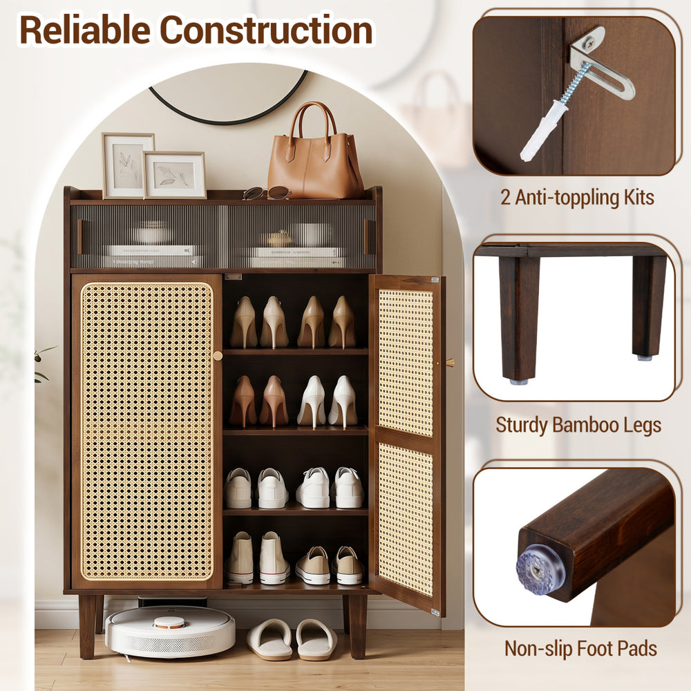 5-tier bamboo shoe cabinet with woven rattan doors and sliding doors, perfect for stylish entryway storage.