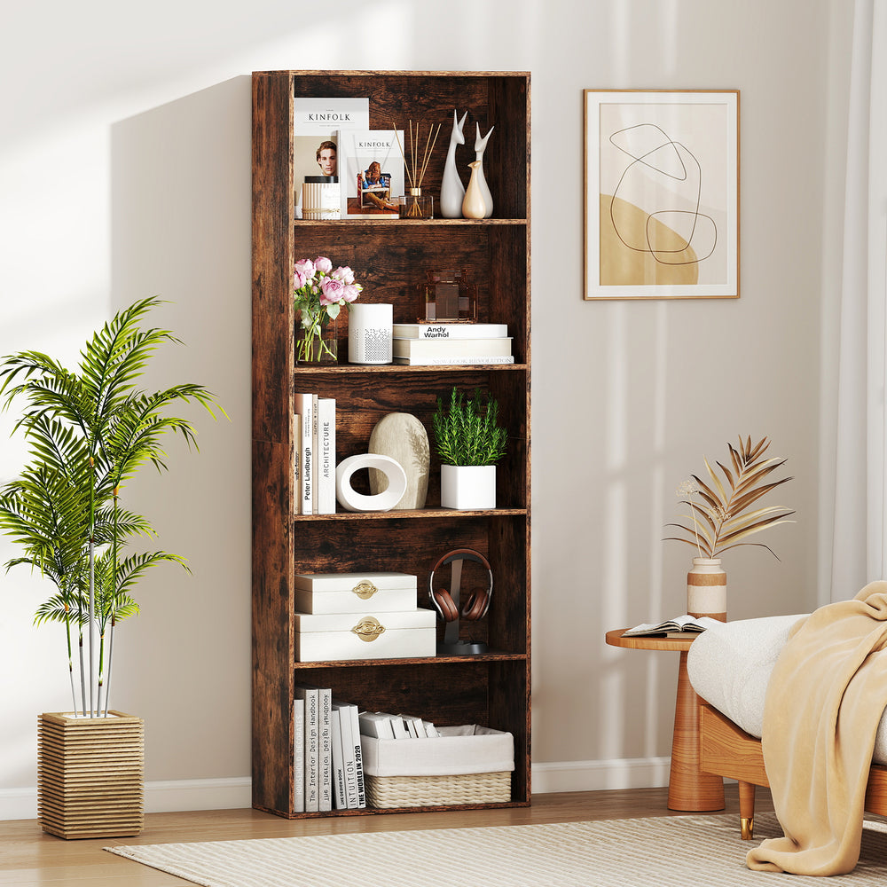 5-tier freestanding bookshelf in rustic brown with open shelves for organized storage, ideal for living room or study.