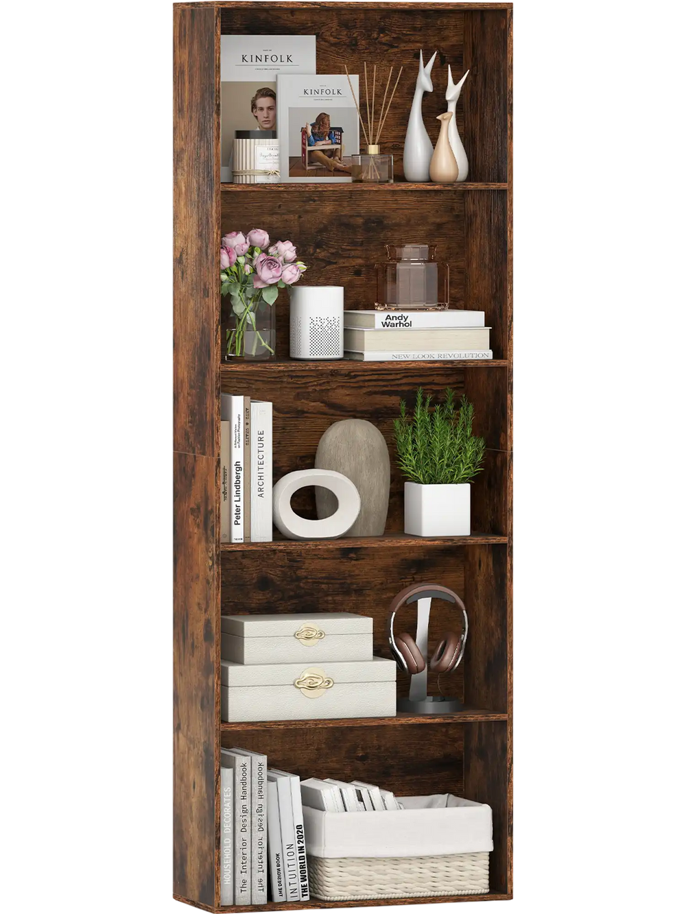 5-tier rustic brown bookshelf with open shelves, perfect for organizing essentials in living room or study.