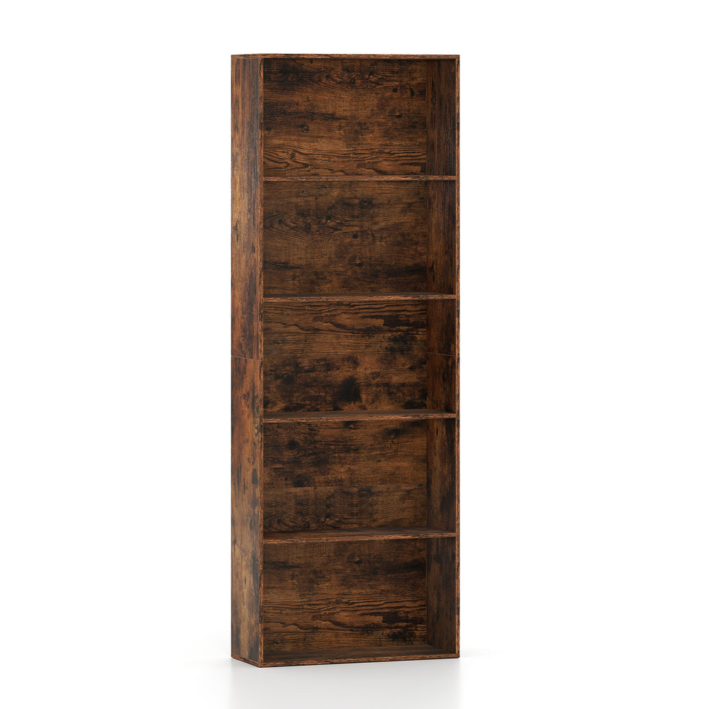 5-tier freestanding bookshelf in rustic brown with a smooth surface, ideal for organizing essentials in any room.