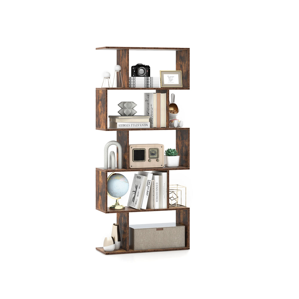 5-tier rustic brown bookshelf with geometric design, ideal for living room or office, featuring anti-toppling device.