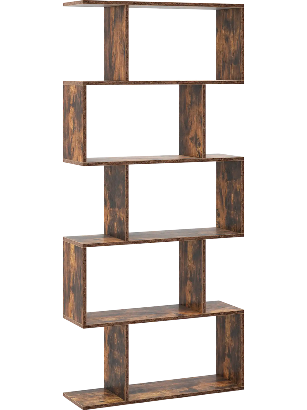 5-tier rustic brown bookshelf with unique geometric design, anti-toppling device, perfect for living room or home.