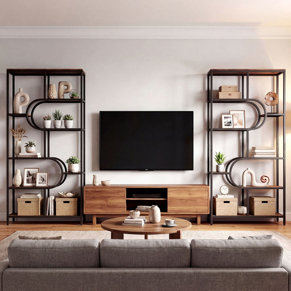 5-tier tall etagere bookshelf in rustic brown with open storage shelves, ideal for living room or study display.